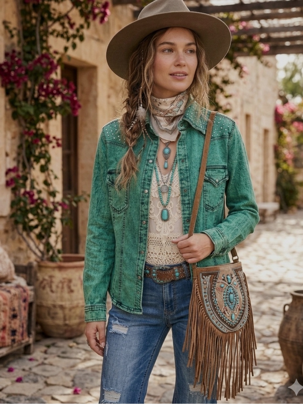DG2 by Diane Gilman Green Denim Jacket with Studded Shoulders